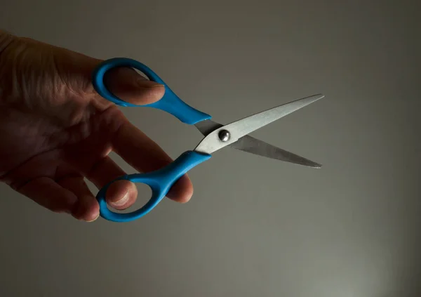 Hand Taking Scissors Trimming Blue Colored Scissors Two Silver Blades — Stock Photo, Image