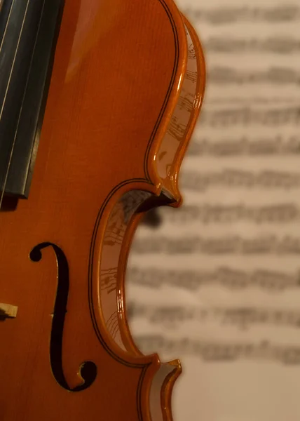 乐谱上的古典音乐或室内乐小提琴 木制乐谱乐器 — 图库照片