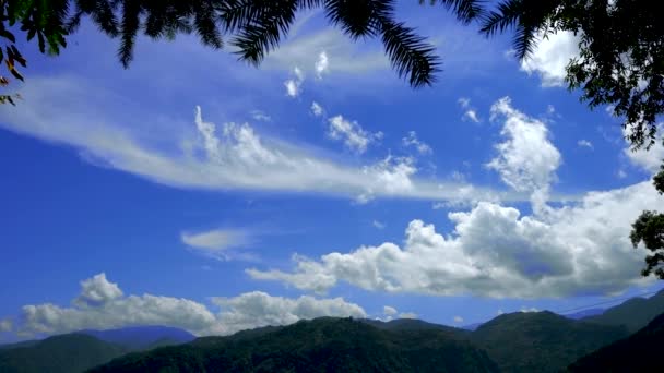 Montagne Con Cielo Blu Nuvole Bianche Silhouette Della Palma Betel — Video Stock