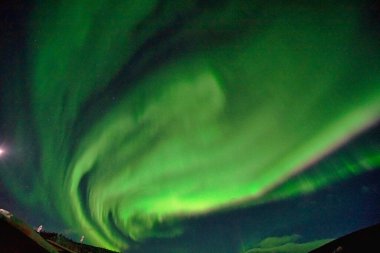 Gece gökyüzünde Aurora Borealis. Açık renkler yeşil, sarı ve kırmızıdır. Fotoğraf: Alaska, ABD 17 Mart 2016