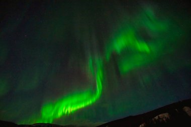 Gece gökyüzünde Aurora Borealis. Açık renkler yeşil, sarı ve kırmızıdır. Fotoğraf: Alaska, ABD 17 Mart 2016