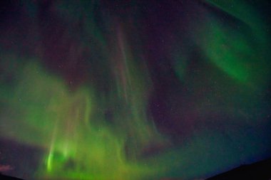 Gece gökyüzünde Aurora Borealis. Açık renkler yeşil, sarı ve kırmızıdır. Fotoğraf: Alaska, ABD 17 Mart 2016