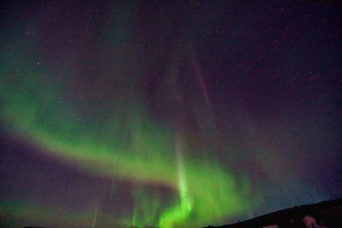 Gece gökyüzünde Aurora Borealis. Açık renkler yeşil, sarı ve kırmızıdır. Fotoğraf: Alaska, ABD 17 Mart 2016
