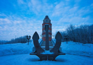 The Monument to the Nuclear Submarine of the Kursk. Murmansk, Russia. Memorial to the brave soldiers who died in the disaster. Snow and anchors. Mar 2017.