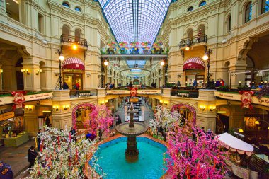 View of the galleries the floors of the State Department Store. The GUM is the large store facing Red Square. Moscow's trade center. Mar. 2017.