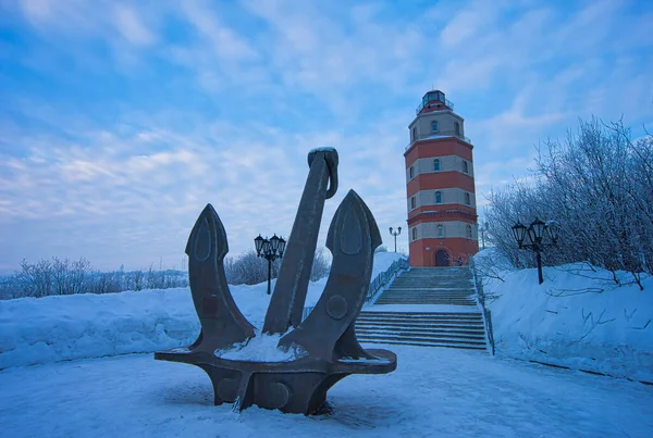 The Monument to the Nuclear Submarine of the Kursk. Murmansk, Russia. Memorial to the brave soldiers who died in the disaster. Snow and anchors. Mar 2017.