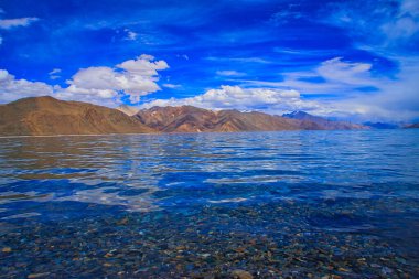 Pangong Tso or Pangong Lake is a brackish water lake, marshes and wetlands. Landscape an endorheic lake in the himalayas, Jammu and Kashmir, India. June 2018