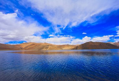 Pangong Tso or Pangong Lake is a brackish water lake, marshes and wetlands. Landscape an endorheic lake in the himalayas, Jammu and Kashmir, India. June 2018