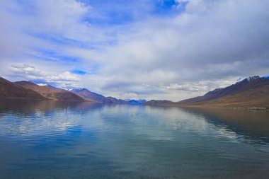 Pangong Tso or Pangong Lake is a brackish water lake, marshes and wetlands. Landscape an endorheic lake in the himalayas, Jammu and Kashmir, India. June 2018