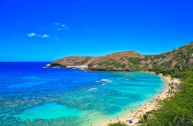 Tourists play in the water at the beach of Oahu. It is a natural bay. Hawaii, USA. June 2019 .