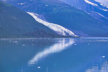 Buzul, yüzeyinde buz parçaları olan göle doğru akar. Yolcu gemisinden gelen buz tabakasının keyfini çıkarın. Alaska, ABD. Temmuz 2019.