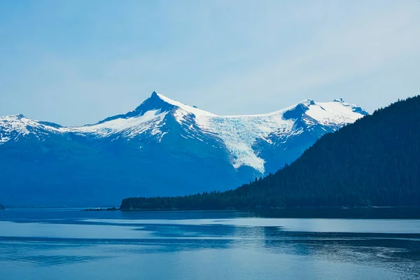 Hegy Zöld Fákkal Háttérben Egy Hegy Hóval Alaszka Fjordjai Egyedülálló — Stock Fotó