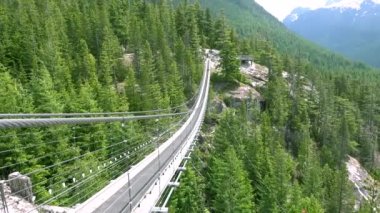 Gökyüzü Pilotu Askı Köprüsü, asma köprüde ve geniş manzaranın tadını çıkarın. Hem yukarıdaki hem de aşağıdaki Howe Sound 'a kadar uzanıyor. Squamish, BC, Kanada. Haziran 2019.