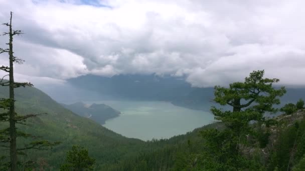 Rodeado Niebla Brumosa Montañas Bosques Lago Está Lleno Misterio View — Vídeos de Stock