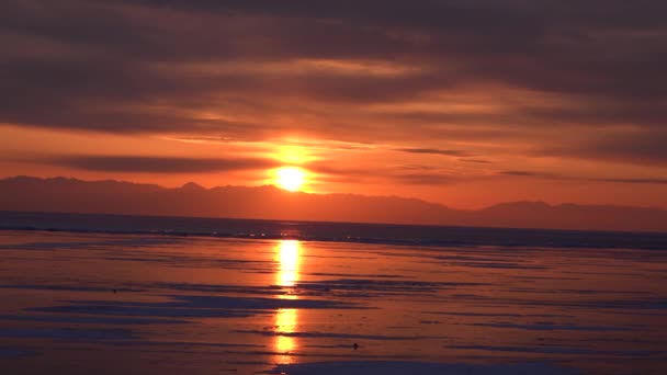 Silhouet Bij Zonsondergang Hovercraft Varen Snel Het Ijs Van Het — Stockvideo