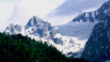 Güzel dağ manzarası. Mavi gökyüzü, beyaz bulutlar, beyaz kar, yeşil ağaç. Jammu ve Kashmir 'deki Sonamarg Hill Trek' te derinlemesine bir yolculuk, Haziran 2018