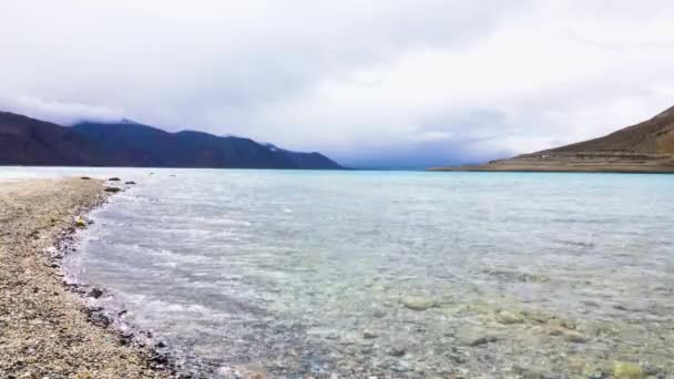 Pangong Tso Nebo Pangong Lake Bažina Mokřady Žlutá Hora Krajina — Stock video