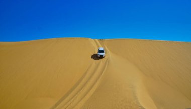 Lastik izleri. Atlantik kıyısındaki Namib Çölü. Özel kum tepeciği arazisi. Flamingo sürüsü (flamingo). Walvis Körfezi (Balina Körfezi), Namibya. Ekim 2019