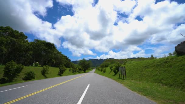 Прямая Асфальтовая Дорога Голубое Небо Белые Облака Трава Свежий Воздух — стоковое видео
