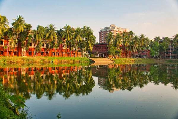 Hindistan cevizi ağaçları, kırmızı binalar, göl. Güzel kampüs manzarası. Göl kenarındaki kampüs binasının yansıması. Dhaka Üniversitesi, Bangladeş. Kasım 2019