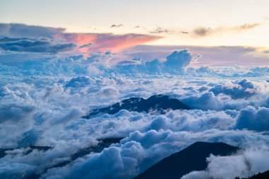 Tayvan 'ın Nantou kentindeki Hehuan Dağı' nın çarpıcı sonbahar güzelliğini açık mavi gökyüzünün altında yuvarlanan bulutlarla yakalayın. Doğa ve seyahat görüntüleri için mükemmel..