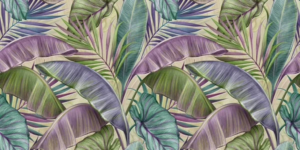 Тропический Экзотический Бесшовный Рисунок Винтажными Банановыми Листьями Пальмами Колоказией Ручная — стоковое фото