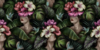 Çıplak kadın, canavar, ambar, bromeliad, muz yaprağı, palmiye, kolonya gibi egzotik desenler. Elle çizilmiş 3D çizim. Yapım duvar kağıtları, hediye kağıdı, kumaş, kumaş baskısı için iyidir.. 