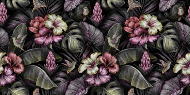 Kuşlar, canavarlar, amberçiçeği, bromeliad, muz yaprağı, palmiye, koloni ile tropikal ve egzotik desenler. Elle çizilmiş 3D çizim. Yapım duvar kağıtları, ambalaj kağıdı, kumaş ve kumaş baskısı için iyidir..