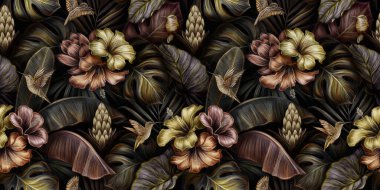 Kuşlar, canavarlar, amberçiçeği, bromeliad, muz yaprağı, palmiye, koloni ile tropikal ve egzotik desenler. Elle çizilmiş 3D çizim. Yapım duvar kağıtları, hediye kağıdı, kumaş ve kumaş baskısı için iyidir..