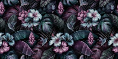 Kuşlar, canavarlar, amberçiçeği, bromeliad, muz yaprakları, palmiye, koloni ile tropik, egzotik gece desenleri. Elle çizilmiş 3D çizim. Yapım duvar kağıtları, hediye kağıdı, kumaş ve kumaş baskısı için iyidir..