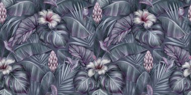Kuşlar, canavarlar, amberler, protea çiçekleri, muz yaprakları, palmiye, koloni ile tropik, egzotik desenler. Elle çizilmiş 3D çizim. Yapım duvar kağıtları, kumaş ve kumaş baskısı için iyidir..