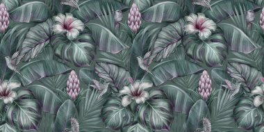 Kuşlar, canavarlar, amberçiçeği, bromeliad, muz yaprağı, palmiye, koloni ile tropikal ve egzotik desenler. Elle çizilmiş 3D çizim. Yapım duvar kağıtları, kumaş ve kumaş baskısı için iyidir..