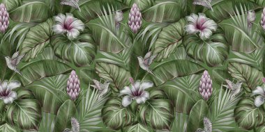 Kuşlar, canavarlar, amberler, protea çiçekleri, muz yaprakları, palmiye ve kolokasya ile tropik egzotik desenler. Elle çizilmiş 3D çizim. Yapım duvar kağıtları, ambalaj kağıdı, kumaş ve kumaş baskısı için iyidir..