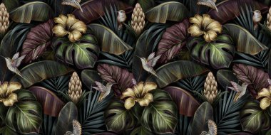 Altın amber, bromeliad, kuşlar, canavarlar, muz yaprakları, palmiye, koloni ile tropik, egzotik, dikişsiz desen. Elle çizilmiş 3D çizim. Yapım duvar kağıtları, hediye kağıdı, kumaş ve kumaş baskısı için iyidir..