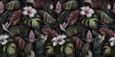 Kuşlar, canavarlar, amberçiçeği, bromeliad, muz yaprağı, palmiye, koloni ile tropikal ve egzotik desenler. Elle çizilmiş 3D çizim. Yapım duvar kağıtları, hediye kağıdı, kumaş ve kumaş baskısı için iyidir..