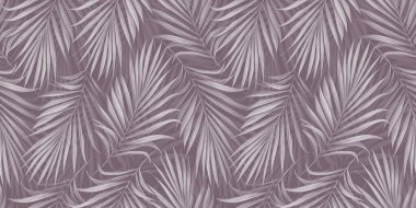Gül arka planında parlak palmiye yaprakları olan, tropik, egzotik, pürüzsüz bir desen. El yapımı klasik çizim ve doku. Yapım duvar kağıtları, hediye kağıdı, kumaş, kumaş baskısı, mallar için iyidir..