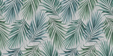 Mavi ve yeşil palmiye yapraklı tropikal, pürüzsüz desen. El yapımı vintage çizim, arka plan ve doku. Yapım duvar kağıtları, ambalaj kağıdı, kumaş, kumaş baskısı, mallar için iyidir..