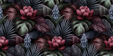 Kırmızı nilüfer çiçeği, protea, canavar, muz yaprağı, palmiye ve kolokasya ile tropikal, dikişsiz desen. Elle çizilmiş 3D çizim. Yapım duvar kağıtları, ambalaj kağıdı, kumaş, kumaş baskısı, mallar için iyidir..