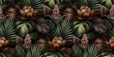 Çiçek, bromeliad, canavar, muz yaprağı, palmiye, koloni ile tropik, egzotik, dikişsiz desen. Elle çizilmiş 3D çizim. Yapım duvar kağıtları, hediye kağıdı, kumaş, kumaş baskısı, mallar için iyidir..