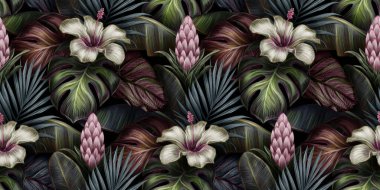 Beyaz amber çiçeği, bromeliad, canavar, muz yaprağı, avuç içi ve kolonya ile tropik, egzotik, dikişsiz desen. Elle çizilmiş 3D çizim. Yapım duvar kağıtları, hediye kağıdı, kumaş, kumaş baskısı, mallar için iyidir..