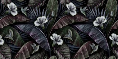 Beyaz amber çiçeği, muz yaprağı, palmiye ve kolokasya ile tropikal, esmer, esmer, dikişsiz desen. Elle çizilmiş 3D çizim. Yapım duvar kağıtları, hediye kağıdı, kumaş, kumaş baskısı, mallar için iyidir..