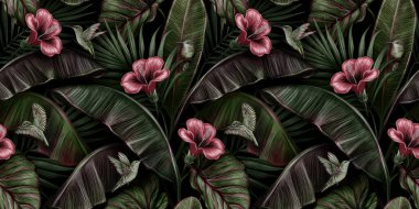 Kırmızı amber çiçeği, kobri kuşları, muz yaprakları, palmiye ve kolonya ile tropik, egzotik, dikişsiz desen. Elle çizilmiş 3D çizim. Üretim kağıtları, kumaş, kumaş baskısı, ürünler için iyidir..