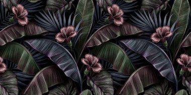 Kırmızı amber çiçeği, muz yaprağı, palmiye ve kolokasya ile tropikal, koyu renkli, dikişsiz desen. Elle çizilmiş 3D çizim. Yapım duvar kağıtları, ambalaj kağıdı, kumaş, kumaş baskısı, mallar için iyidir..