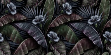 Mavi amber çiçeği, muz yaprağı, palmiye ve kolokasya ile tropikal, koyu renkli, dikişsiz desen. Elle çizilmiş 3D çizim. Üretim kağıtları, kumaş, kumaş baskısı, ürünler için iyidir..