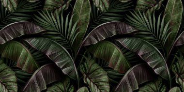 Yeşil muz yaprakları, palmiye ve kolokasya ile tropik egzotik, dikişsiz desen. Elle çizilmiş 3D çizim. Üretim kağıtları, kumaş, kumaş baskısı, ürünler için iyidir..