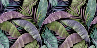 Renkli muz yaprakları, palmiye ve kolokasya ile tropik egzotik, dikişsiz desen. Elle çizilmiş 3D çizim. Yapım duvar kağıtları, hediye kağıdı, kumaş, kumaş baskısı, mallar için iyidir..