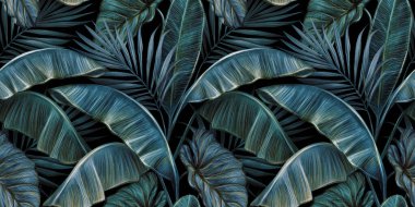 Koyu mavi muz yaprakları, palmiye yaprakları ve kolokasya ile tropikal, egzotik, pürüzsüz desen. Elle çizilmiş 3D çizim. Yapım duvar kağıtları, hediye kağıdı, kumaş, kumaş baskısı, mallar için iyidir..