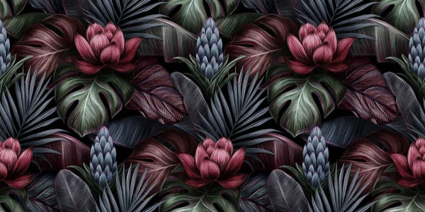 Motif Exotique Tropical Sans Couture Avec Fleur Lotus Rouge Protéa — Photo