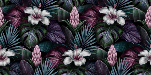 Modèle Exotique Tropical Sans Couture Avec Hibiscus Blanc Broméliacées Monstères — Photo
