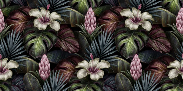 Modèle Exotique Tropical Sans Couture Avec Hibiscus Blanc Broméliacées Monstères — Photo